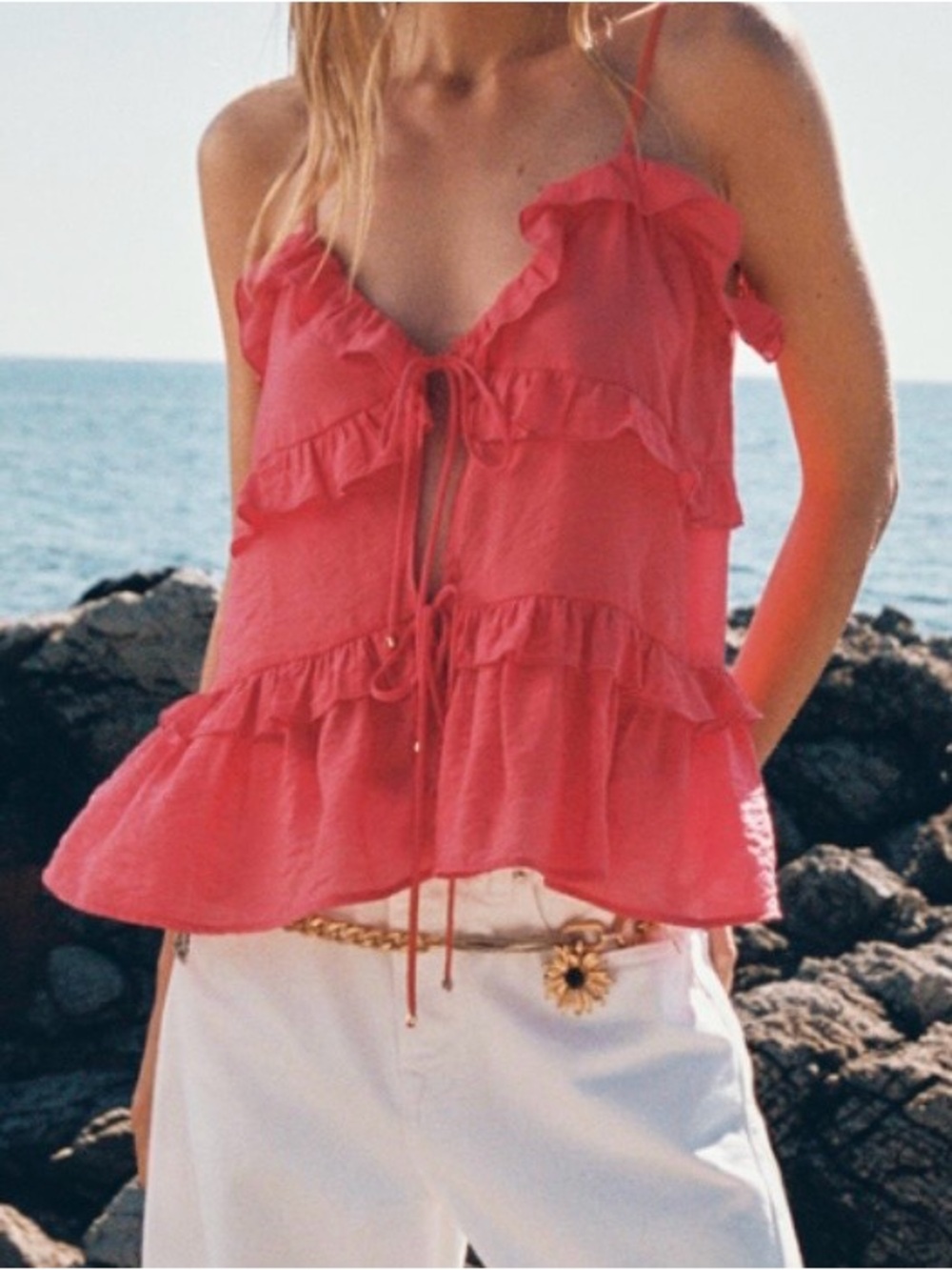 Zara Coral Ruffled Tie-Front Camisole